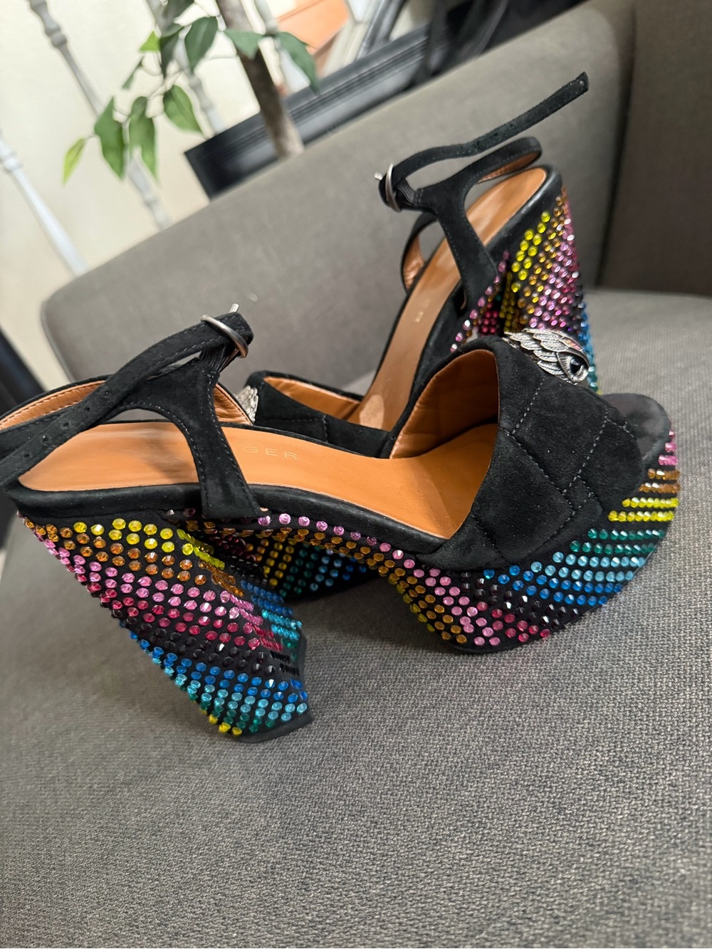 Kurt Geiger Black Suede Platform Sandals with Multicolor Rainbow Crystal Heel